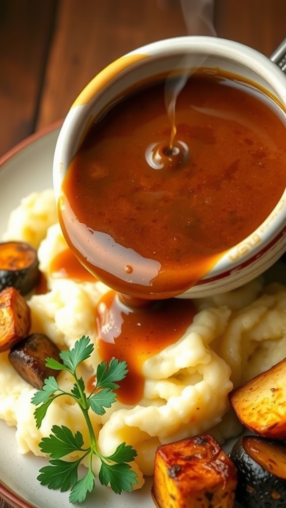 A bowl of vegan gravy over mashed potatoes, garnished with parsley, with roasted vegetables on the side.